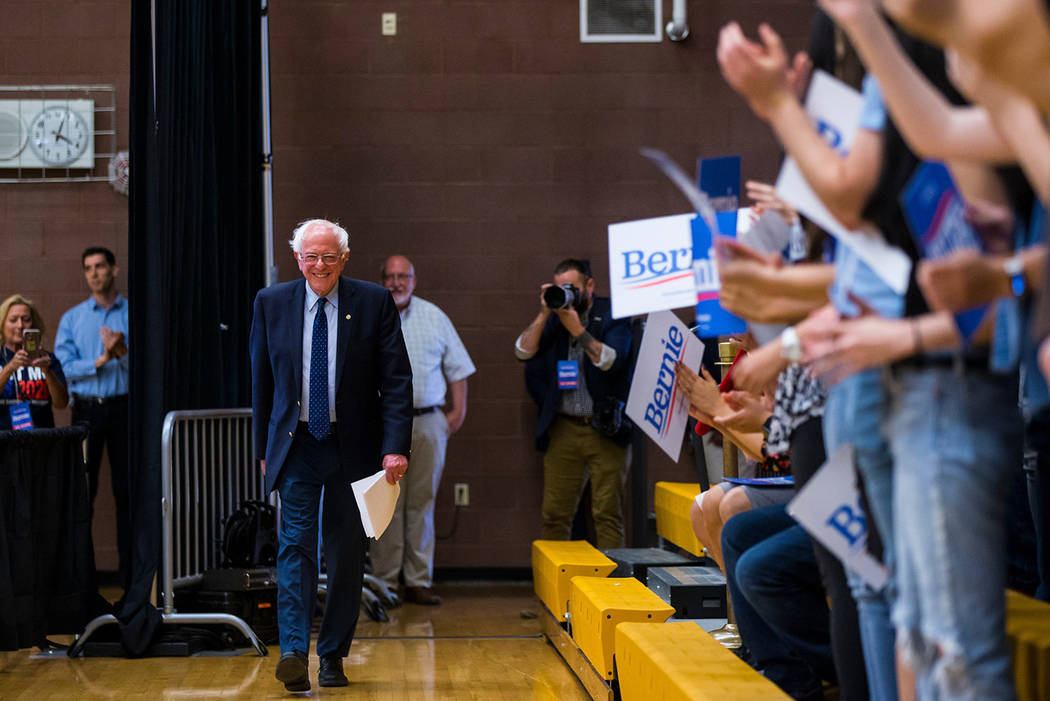 Bernie Sanders arrives to speak at a town hall event at Roy W. Martin Middle School in Las Vega ...