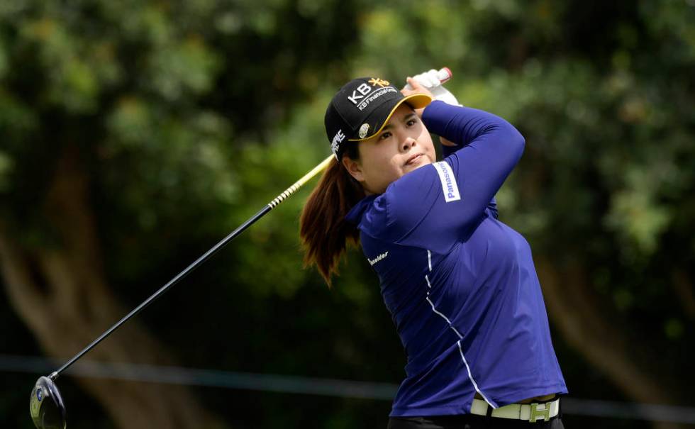 Inbee Park, of South Korea, tees off on the sixth hole during the third round of the Hugel-Air ...