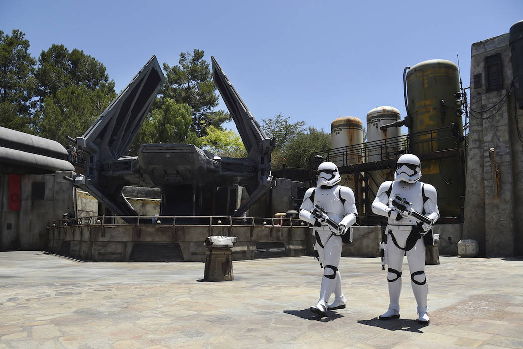 Stormtroopers patrol the Tie Echelon Stage during the Star Wars: Galaxy's Edge Media Preview at ...