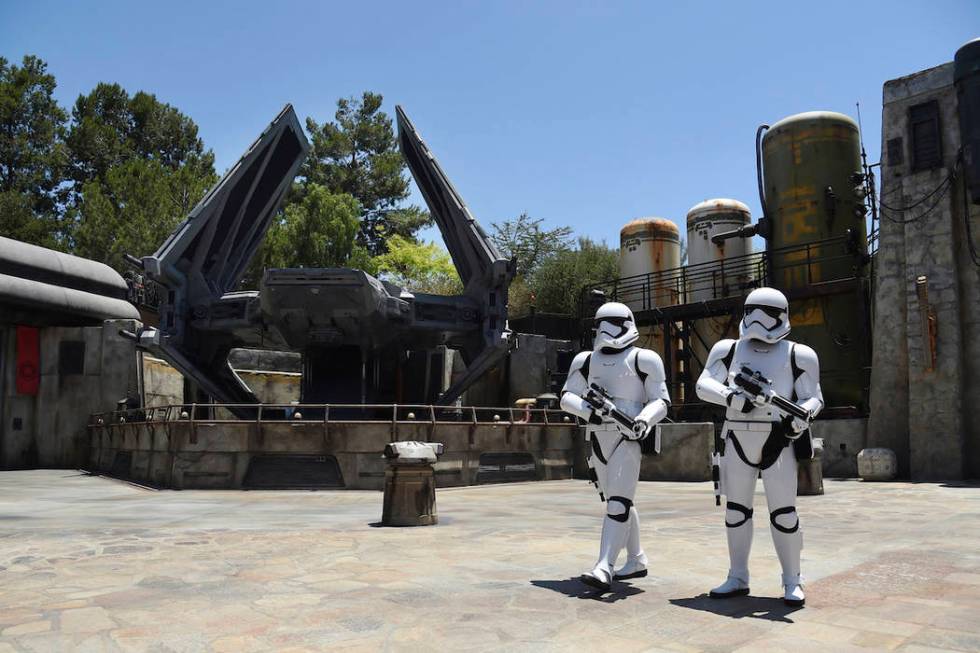 Stormtroopers patrol the Tie Echelon Stage during the Star Wars: Galaxy's Edge Media Preview at ...