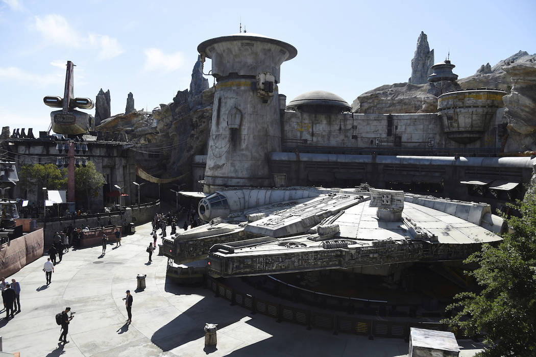 The Millennium Falcon structure is pictured during the Star Wars: Galaxy's Edge Media Preview a ...