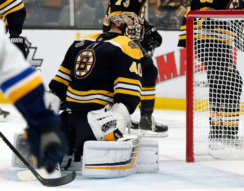 Boston Bruins goaltender Tuukka Rask, of Finland, reacts after allowing a goal by St. Louis Blu ...