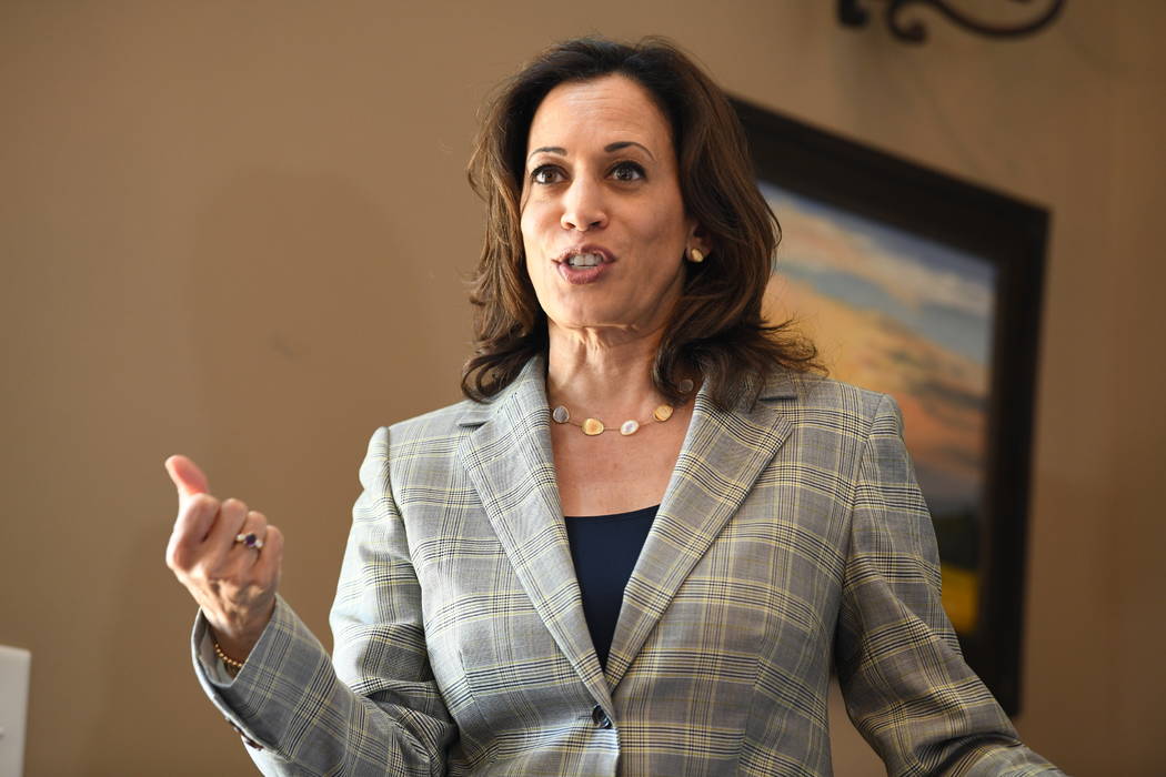 Democratic presidential candidate Sen. Kamala Harris, D-Calif., addresses a crowd of several do ...