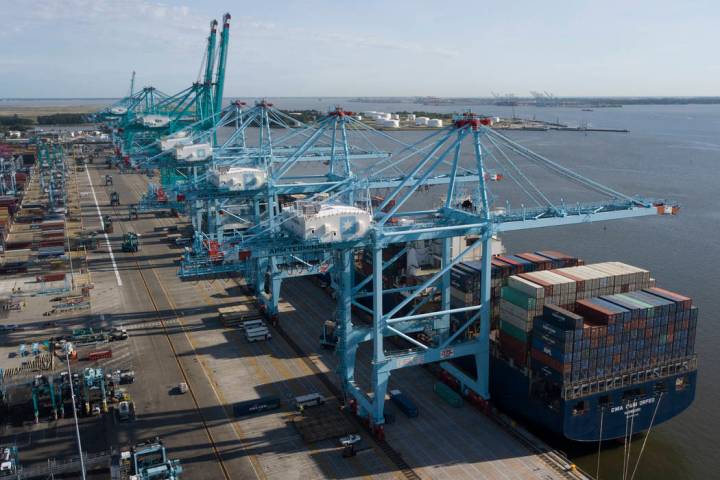 A container ship is unloaded May 10, 2019, at the Virginia International Gateway terminal in No ...