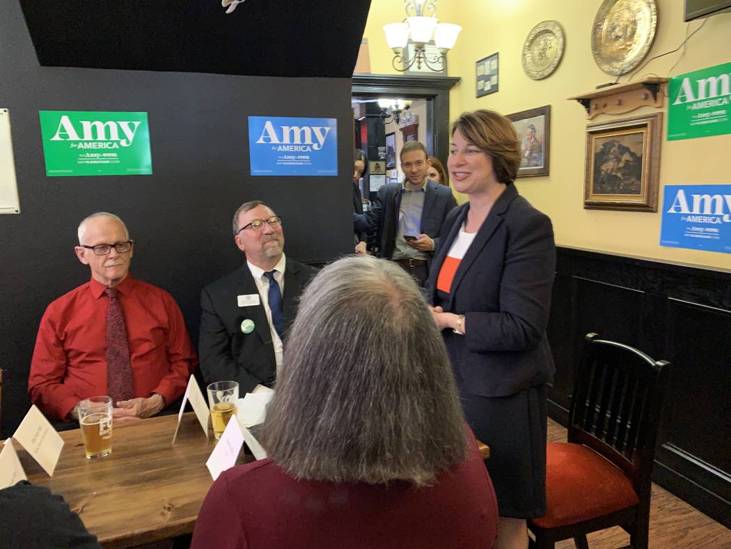 Sen. Amy Klobuchar, D-Minn., speaks during a roundtable discussion with veterans in Carson City ...