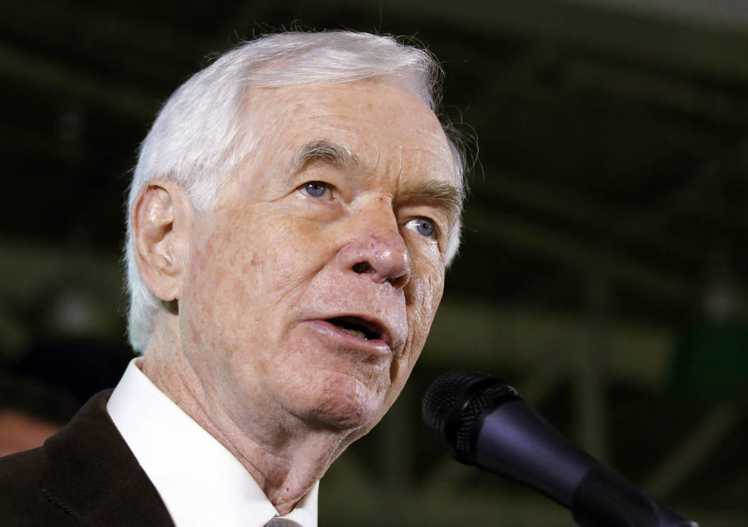 FILE - In this Nov. 4, 2014, file photo, Sen. Thad Cochran, R-Miss., speaks to supporters follo ...