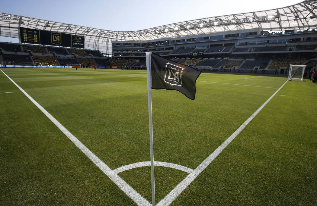 A corner flag stands at the field prior to an MLS soccer game between Los Angeles FC and Seattl ...