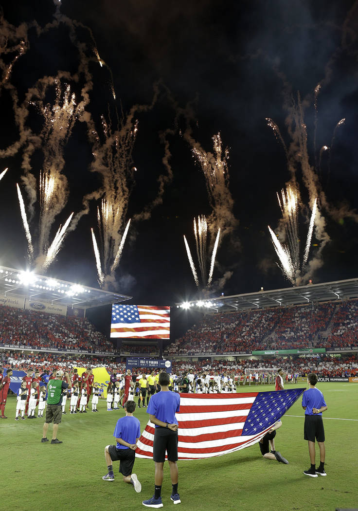 Fireworks explode over Orlando City Stadium during the U.S. national anthem before the team's W ...