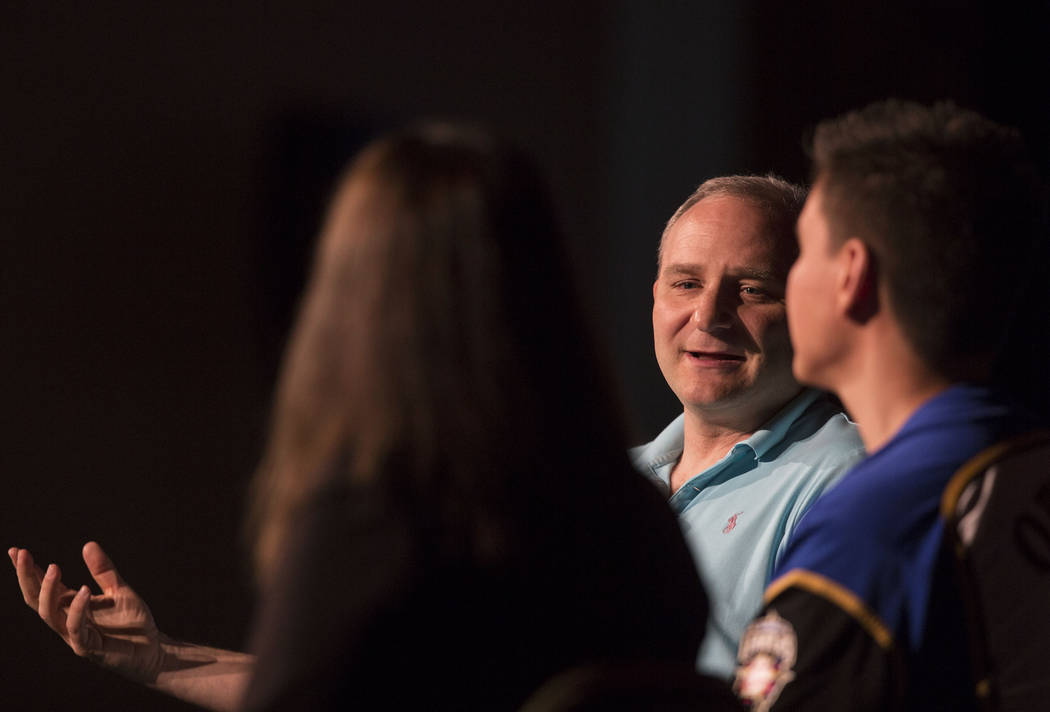 Andy Bloch, middle, former member of the MIT blackjack team, discusses gambling trends with mod ...