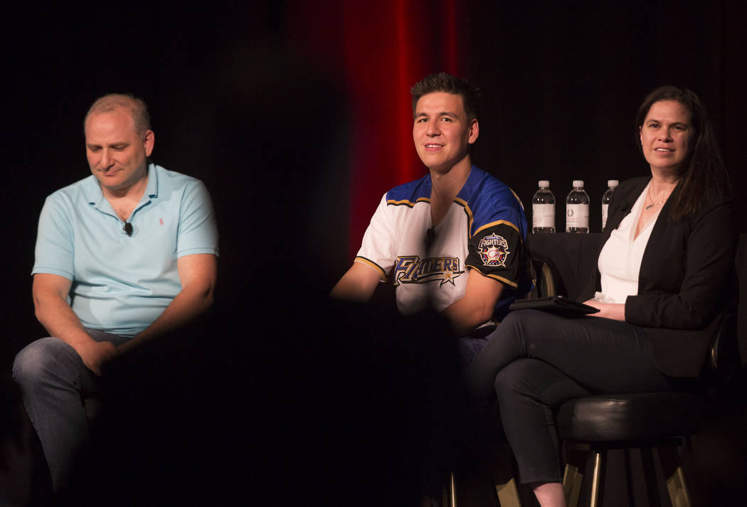 Andy Bloch, left, former member of the MIT blackjack team, “Jeopardy!” champion James Holzh ...