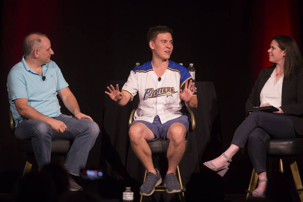 Andy Bloch, left, former member of the MIT blackjack team, “Jeopardy!” champion James Holzh ...