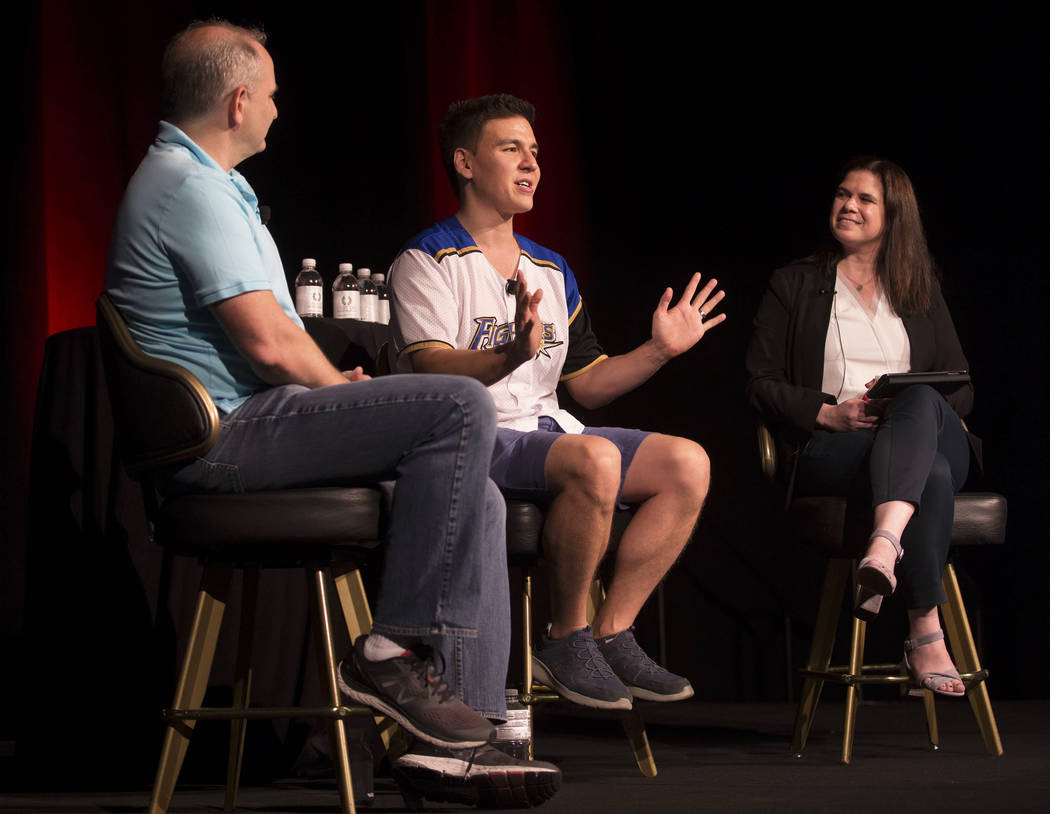 Andy Bloch, left, former member of the MIT blackjack team, “Jeopardy!” champion James Holzh ...