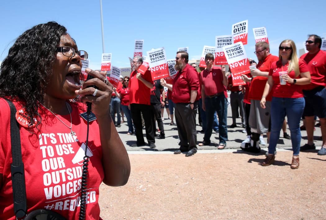 Linda Jones shouts slogans as about 50 members and supporters of the Clark County Education Ass ...