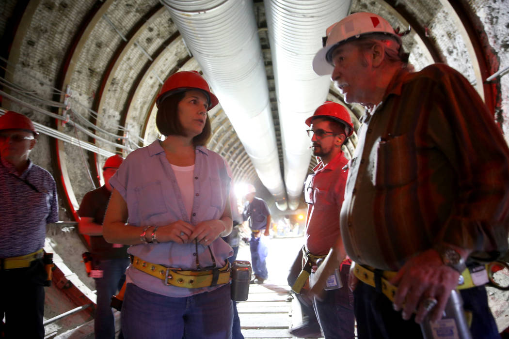 U.S. Sen. Catherine Cortez Masto, D-Nev., talks with Steve Frishman, a technical consultant to ...