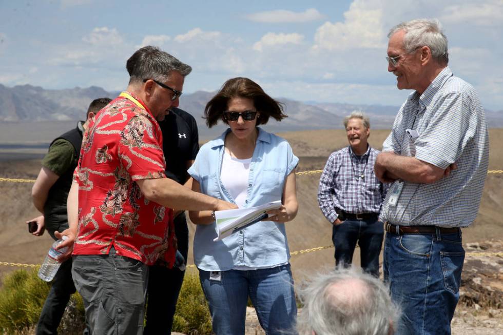 U.S. Sen. Catherine Cortez Masto, D-Nev., talks to Chris Spinder, a producer with CBS News left ...