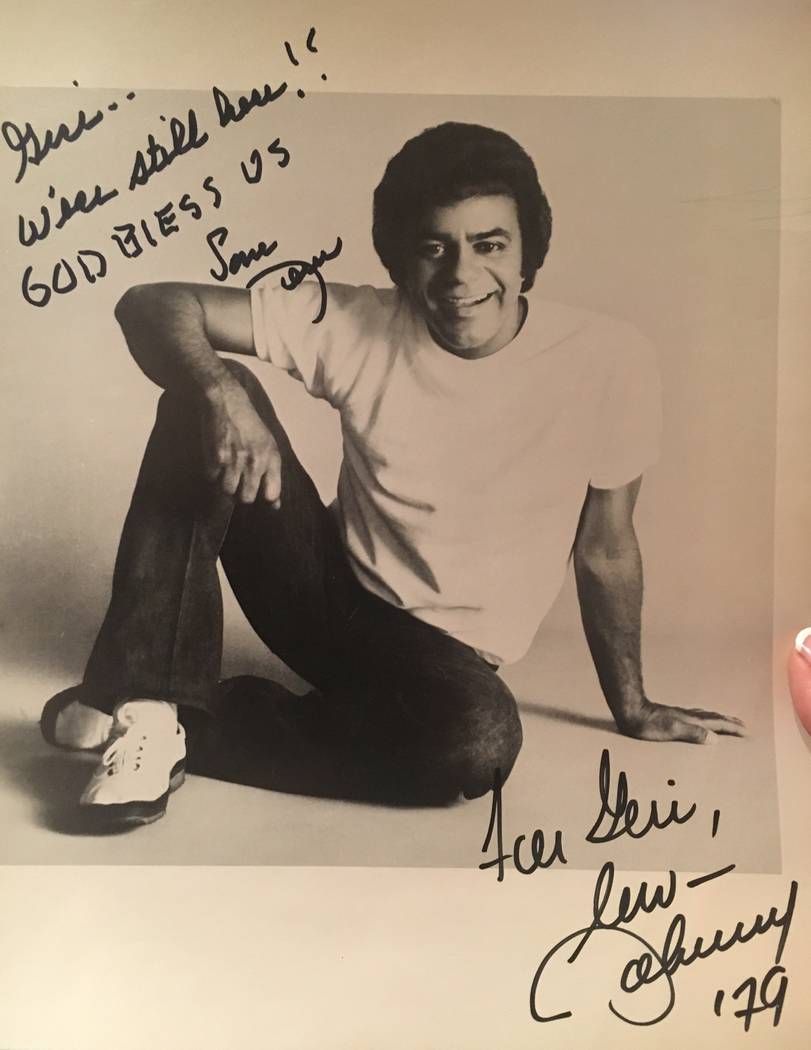 The promotional photo signed by music legend Johnny Mathis for violinist Geri Thompson, 40 year ...