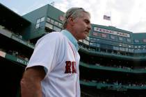 Former Boston Red Sox first baseman Bill Buckner is introduced prior to a baseball game against ...