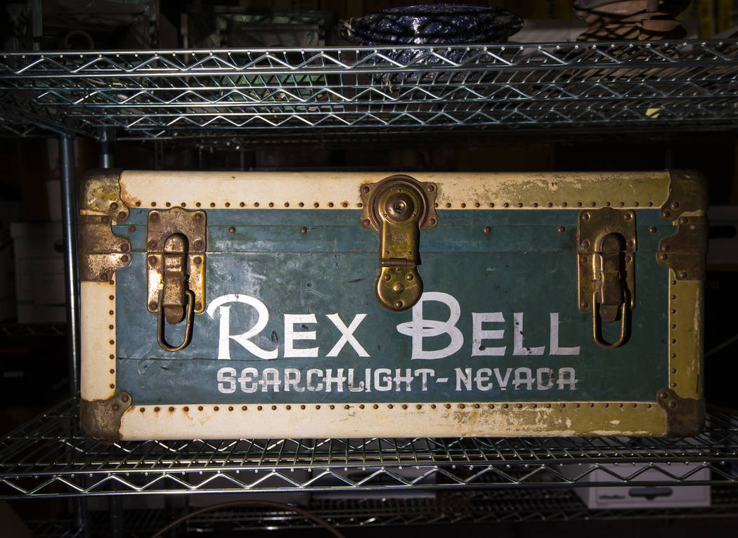 A trunk with Rex Bell's name, from Walking Box Ranch in Searchlight, is seen at UNLV's Paradise ...