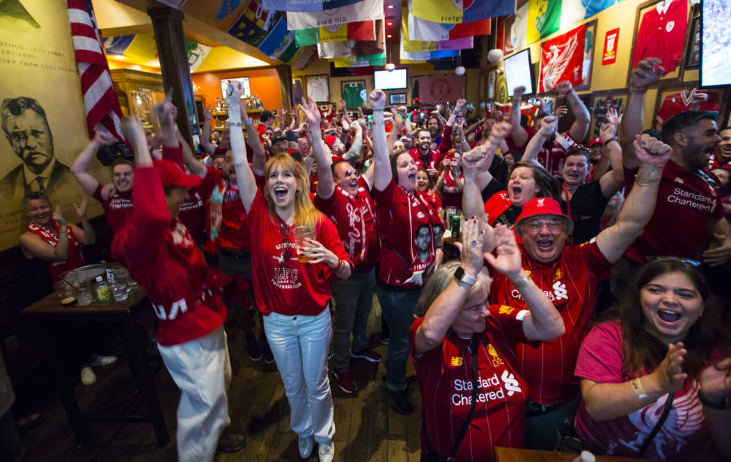 Liverpool fans, including Stacey Gualandi, of Las Vegas, center left, and Allison Gavin, of Cle ...
