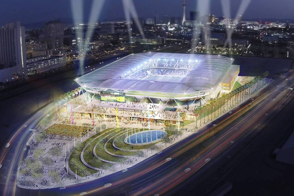 Artists rendering of the Findlay Cordish MLS soccer stadium proposal for Symphony Park for Las ...