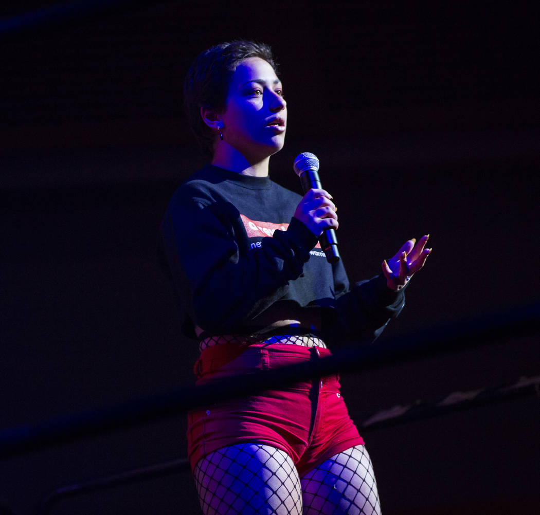 Parkland survivor Emma Gonzalez speaks inside The Joint during the first day of the Emerge Impa ...