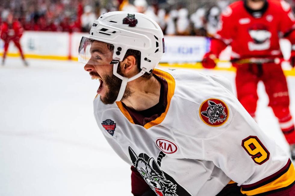 Chicago Wolves center Gage Quinney celebrates one of his two goals in Game 2 of the Calder Cup ...