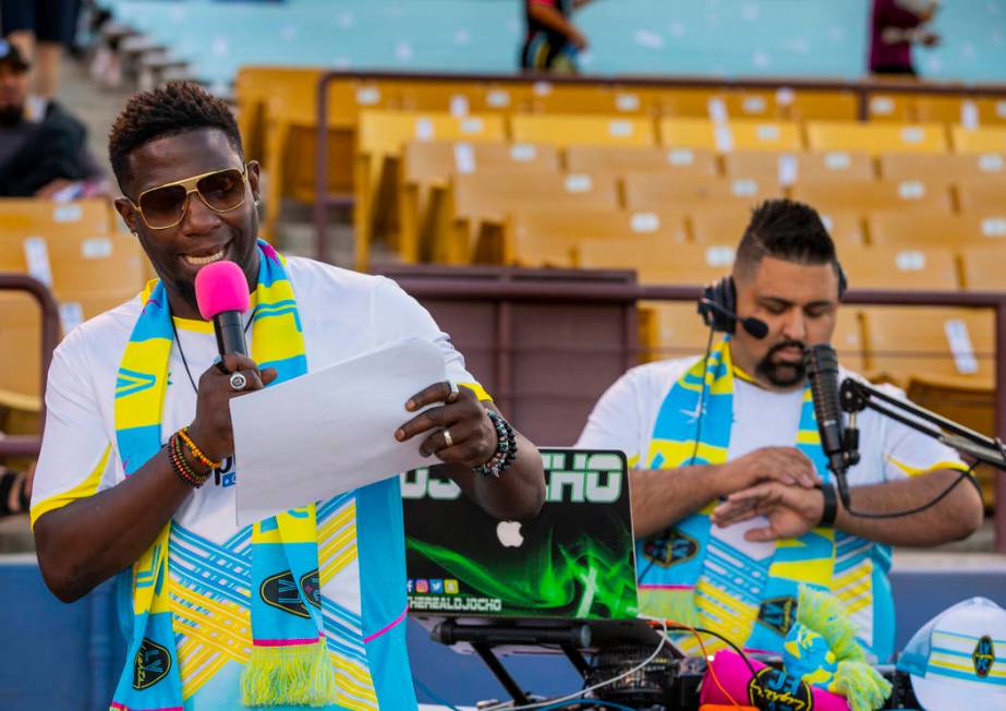 Las Vegas Lights FC hype man Robert "Bojo" Ackah keeps the fans informed on the day's events wi ...