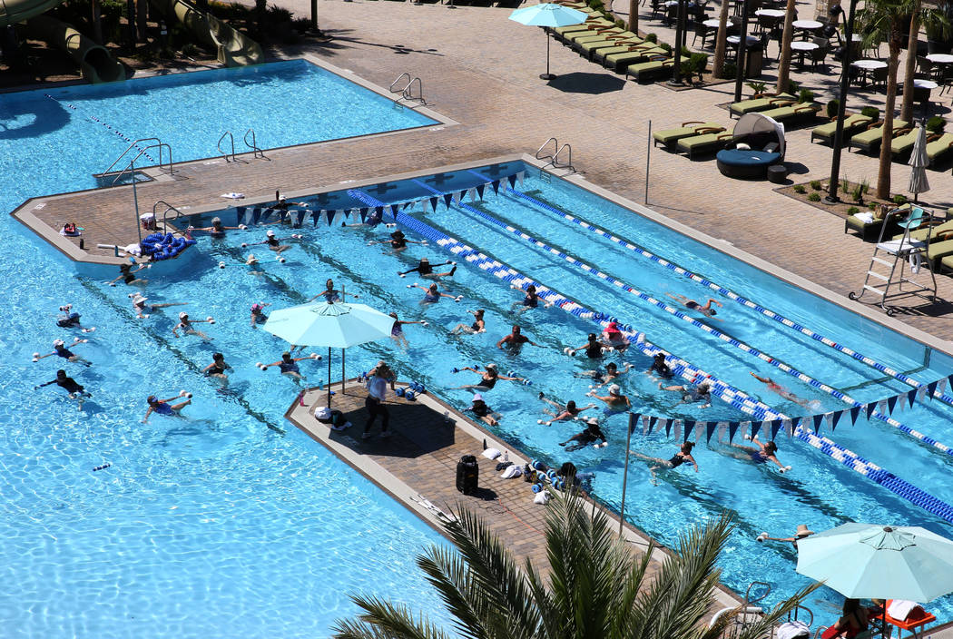 Members at Life Time Athletic participate in Aquatic exercise on Monday, June, 3 2019, in Hende ...