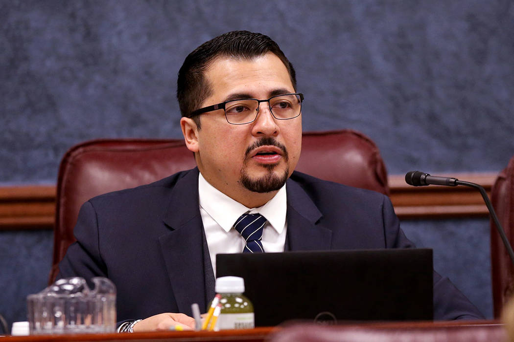 Assemblyman Edgar Flores, D-Las Vegas, leads an Assembly Government Affairs Committee meeting i ...