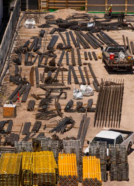 Piles of rebar and other steel awaits usage as construction continues for the MSG Sphere at the ...