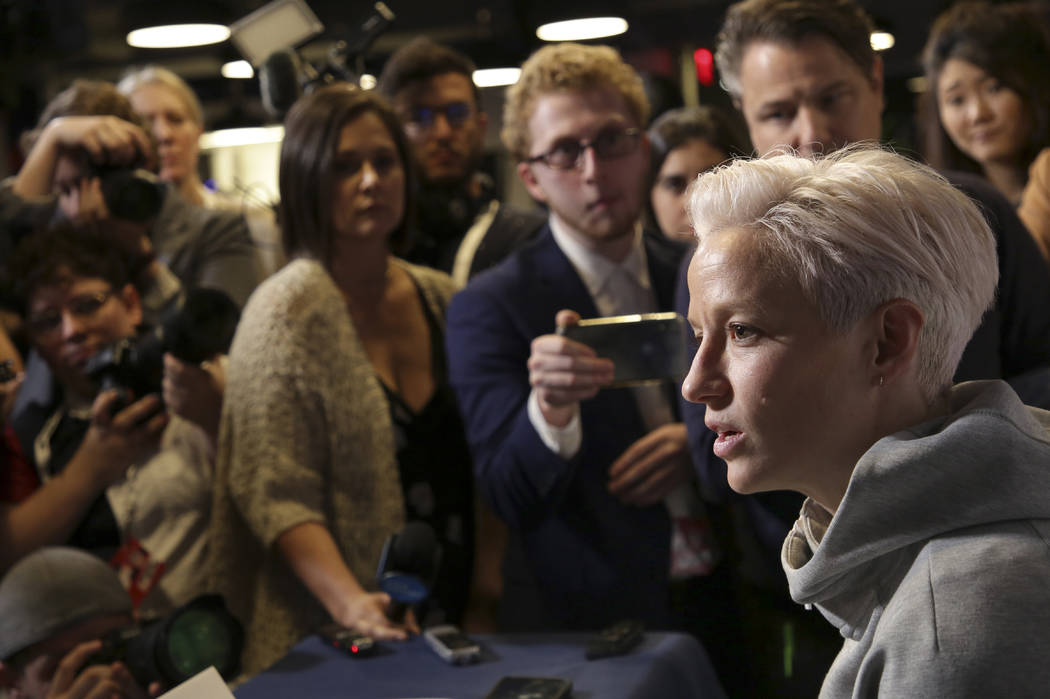FILE - In this May 24, 2019, file photo, Megan Rapinoe, a member of the United States women's n ...
