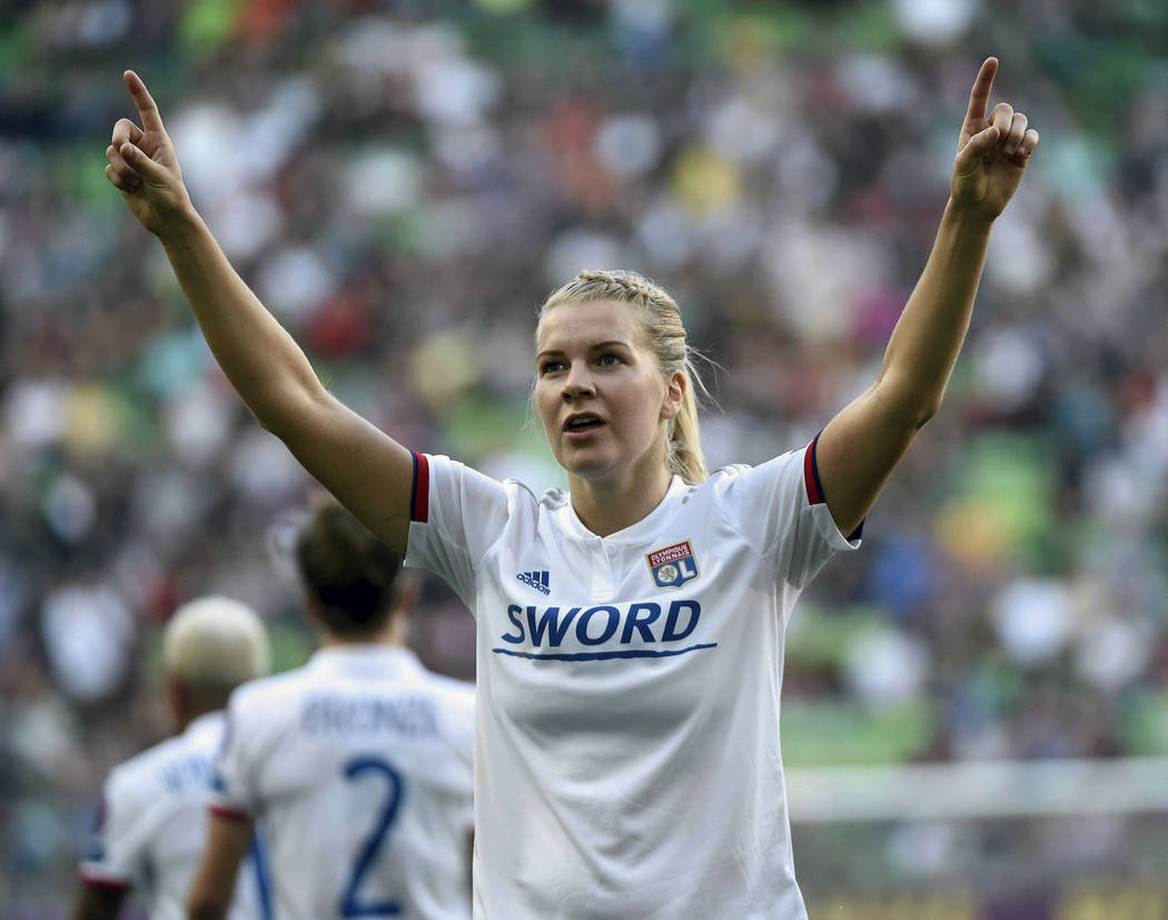 FILE - In this May 18, 2019, file photo, Lyon soccer player Ada Hegerberg, of Norway, celebrate ...