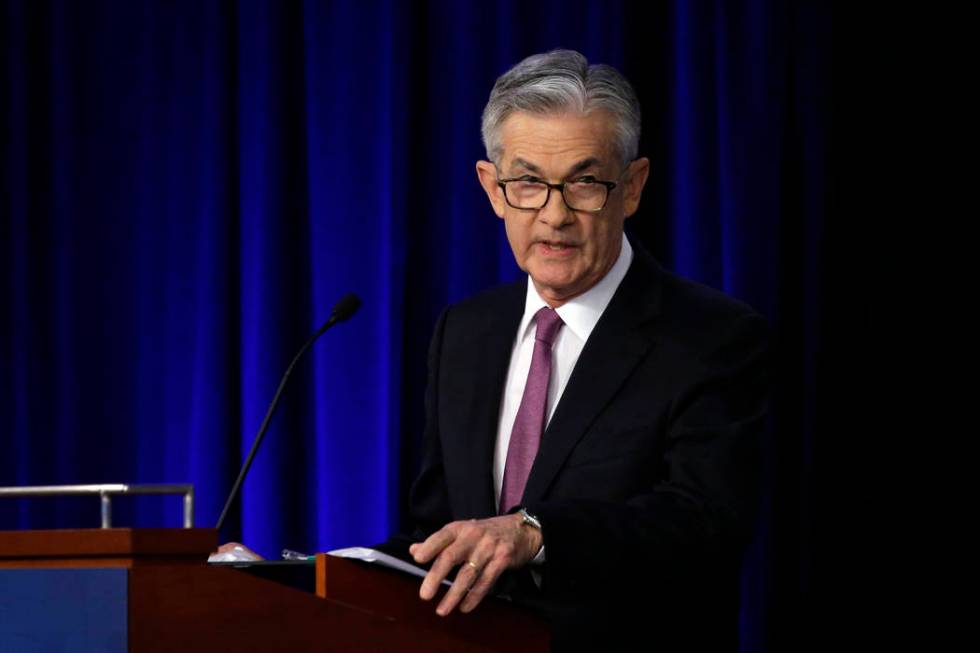 Federal Reserve Chairman Jerome Powell speaks at a conference involving its review of its inter ...