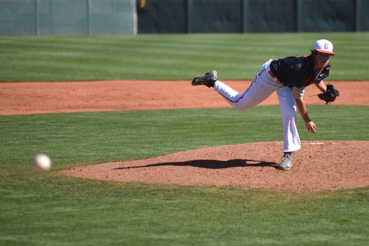 Bishop Gorman's Jack Little (11) pitches against Liberty high school during their baseball game ...