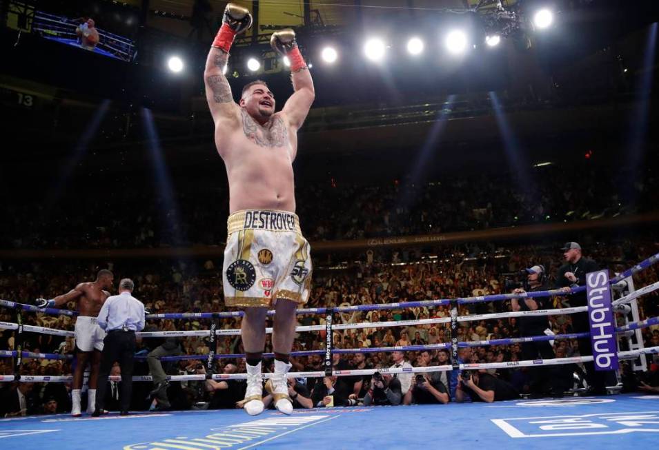 Andy Ruiz celebrates after stopping Anthony Joshua during the seventh round of a heavyweight ch ...