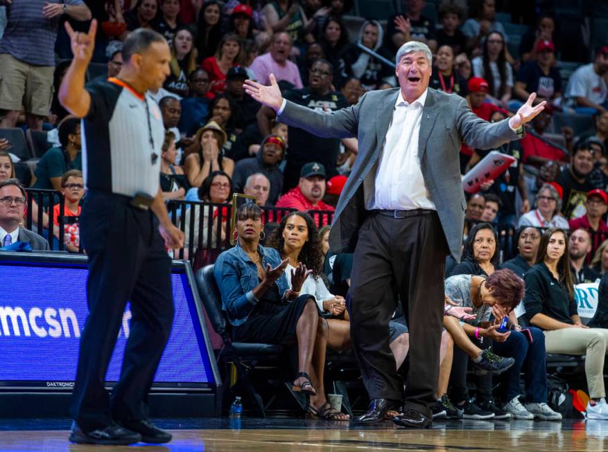 Las Vegas Aces head coach Bill Laimbeer is perplexed by the lack of another foul call during th ...