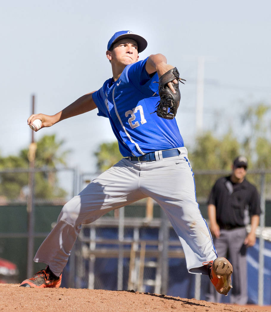 Bishop Gorman's Dutch Landis pitches against Spring Valley at Spring Valley High School in Las ...