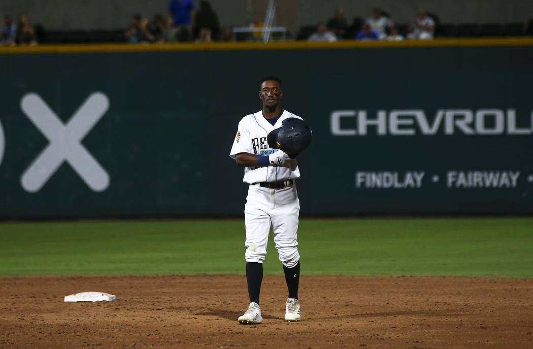 Las Vegas Aviators shortstop Jorge Mateo looks on while playing against Round Rock Express in & ...