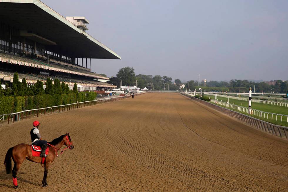 A rider looks out over a mostly empty track during workouts at Belmont Park in Elmont, N.Y., Th ...