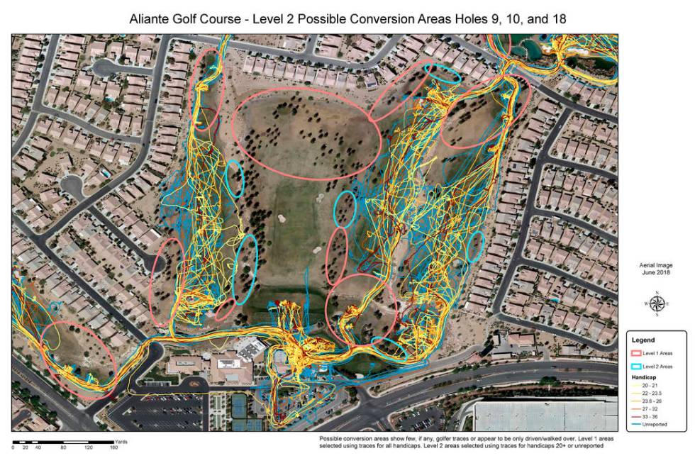The GPS traces of golfers show up as colored lines on a map of the Aliante Golf Club in North L ...