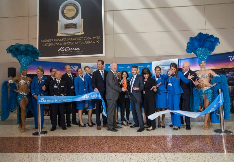 The ribbon is cut celebrating the first direct KLM Royal Dutch Airlines flight from Amsterdam t ...