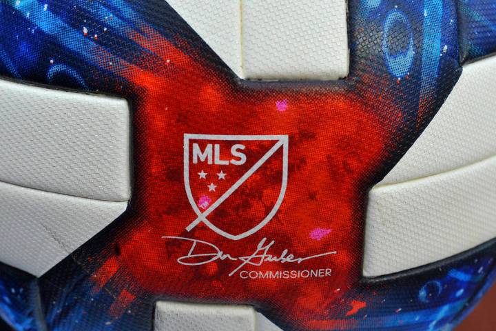 Detailed view of MLS logo on a soccer ball during an MLS soccer game between the New York City ...