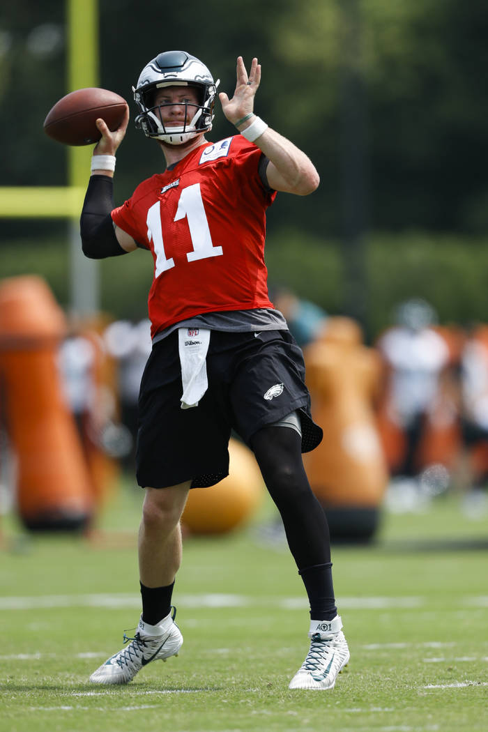 Philadelphia Eagles' Carson Wentz participates in a drill during organized team activities at t ...