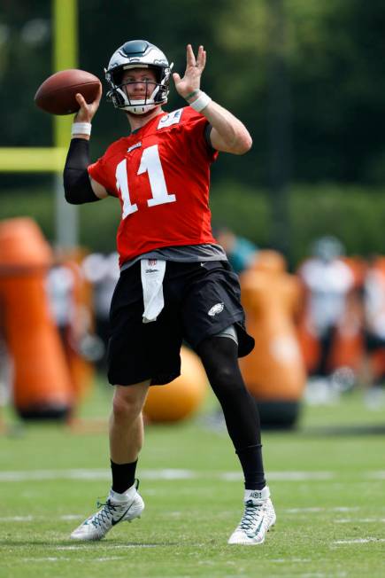 Philadelphia Eagles' Carson Wentz participates in a drill during organized team activities at t ...