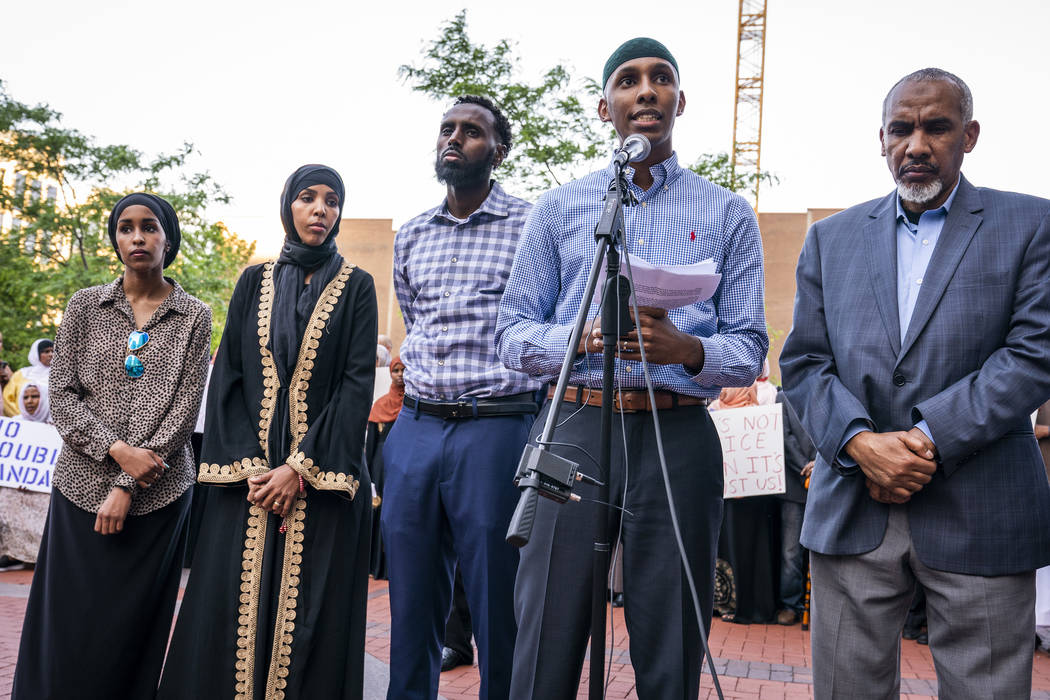 Mohamed Noor's family addresses the crowd during a rally Thursday, June 6, 2019, in Minneapolis ...