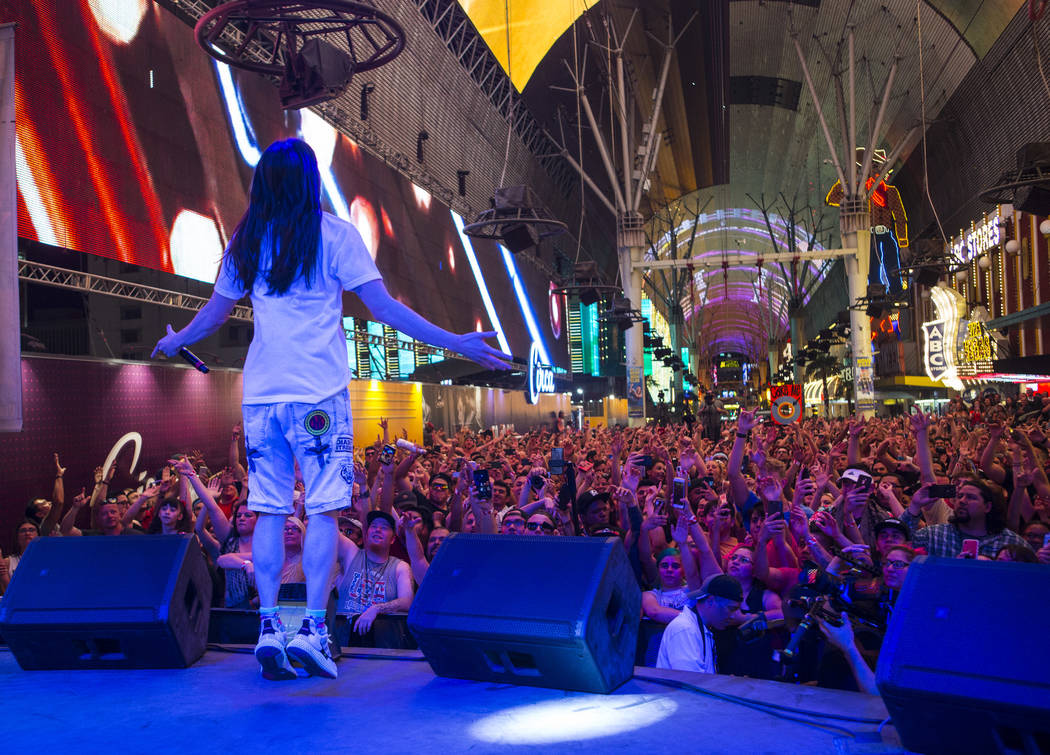 Steve Aoki performs on the Main Street Stage at the Fremont Street Experience after the debut o ...