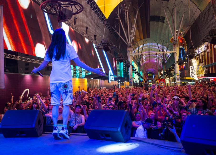 Steve Aoki performs on the Main Street Stage at the Fremont Street Experience after the debut o ...