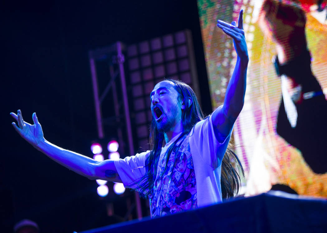 Steve Aoki performs on the Main Street Stage at the Fremont Street Experience after the debut o ...