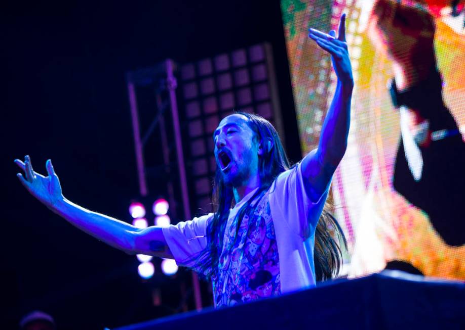 Steve Aoki performs on the Main Street Stage at the Fremont Street Experience after the debut o ...