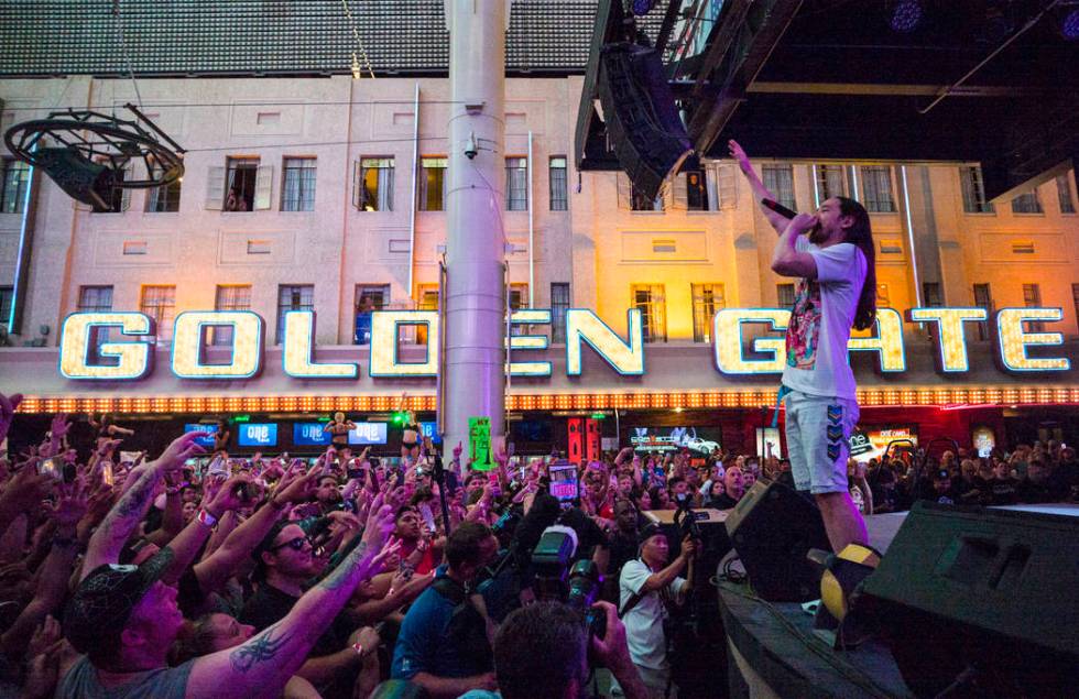 Steve Aoki performs on the Main Street Stage at the Fremont Street Experience after the debut o ...